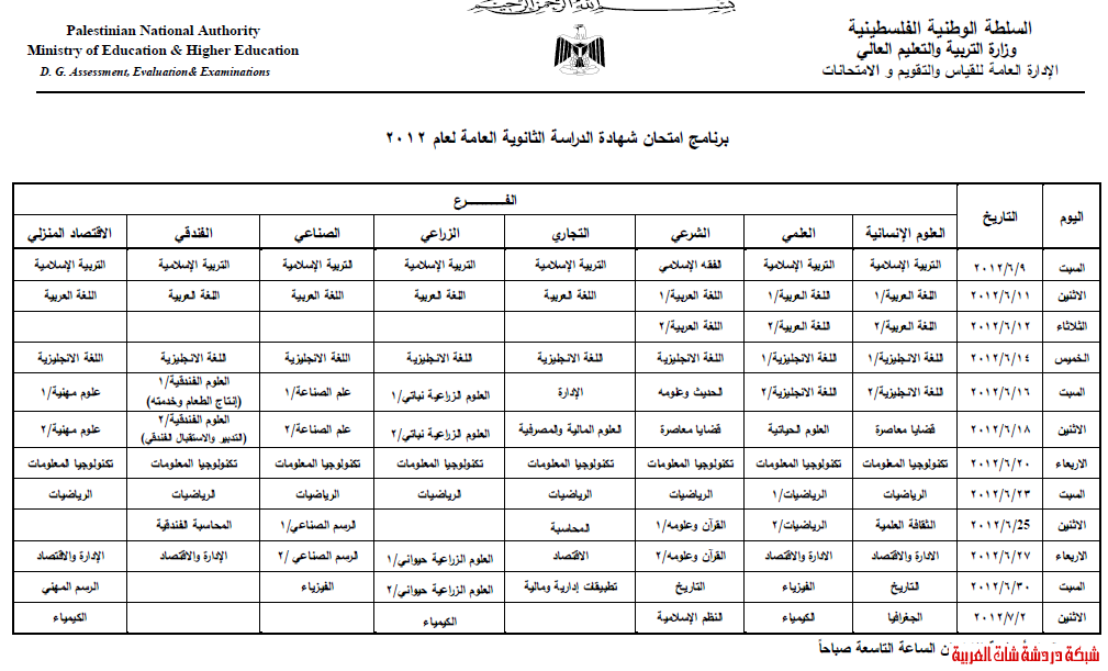 جدول امتحانات الثانوية العامه 2012 فلسطين