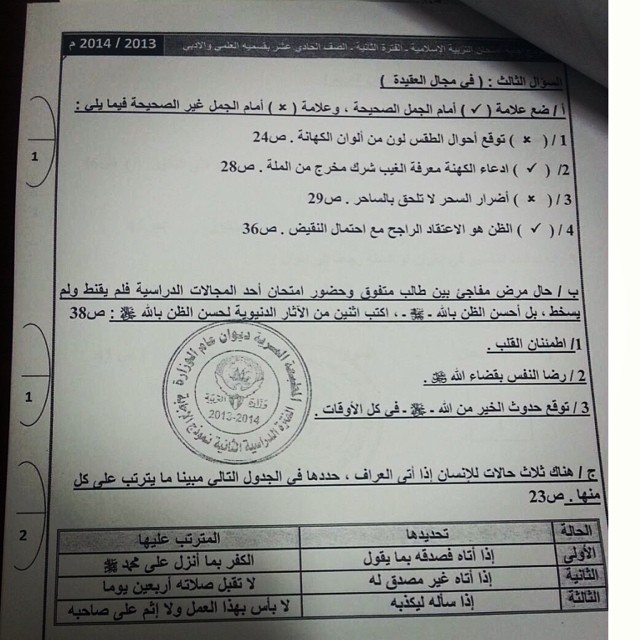 نموذج اجابة اختبار تربية اسلامية للصف الحادي عشر للفترة الثانية 2013-2014 منهاج كويت