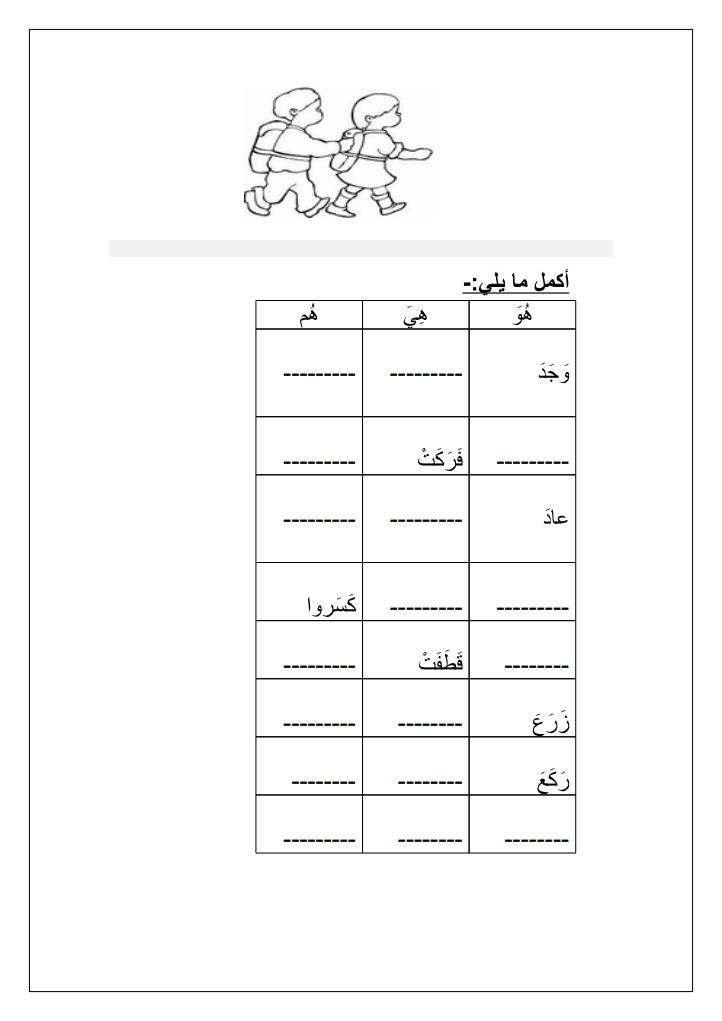 ورقة عمل في اللغة العربية تصريف الافعال مع الضمائر للصف الاول