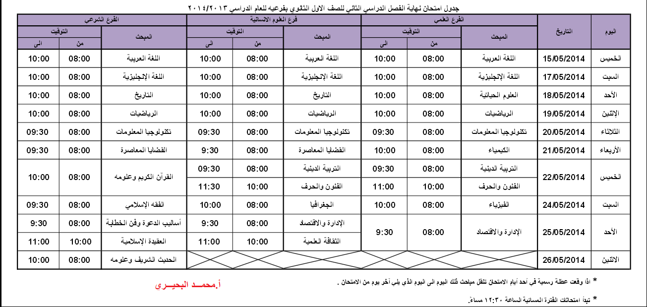 جدول امتحانات نهاية الفصل الدراسي الثاني لجميع المراحل