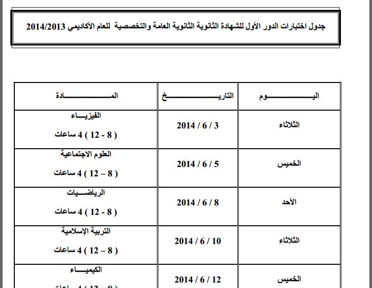 جدول اختبارات الدور الاول للشهادة الثانوية العامة للعام الدراسي 2013-2014